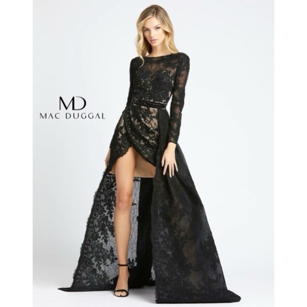 Mac Duggal Black Hi Low Lace Gown 12183